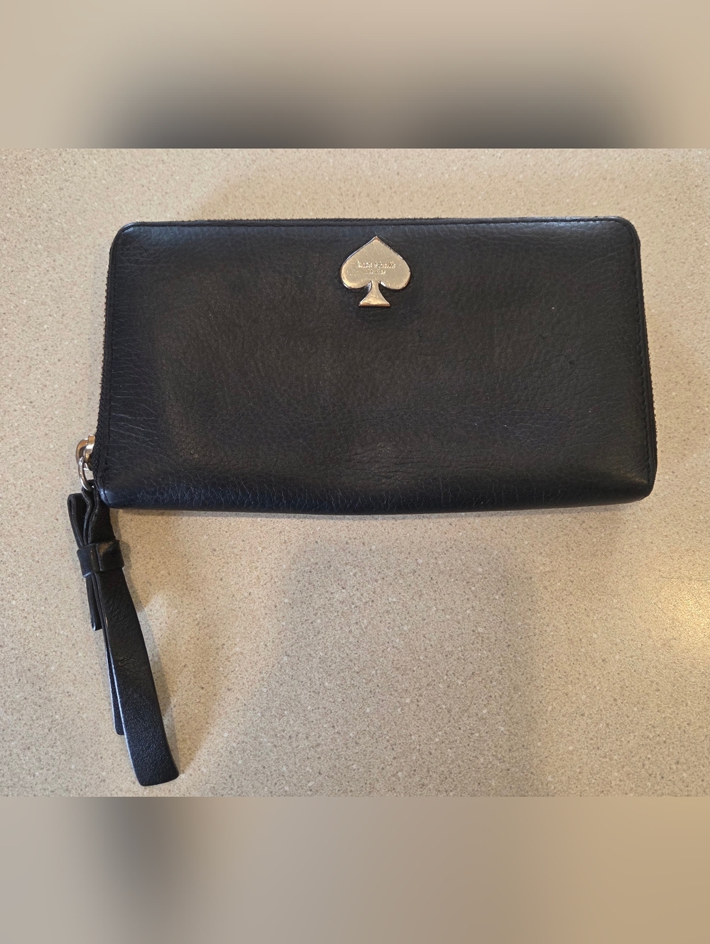 Kate Spade Black Leather Wristlet with Spade Logo